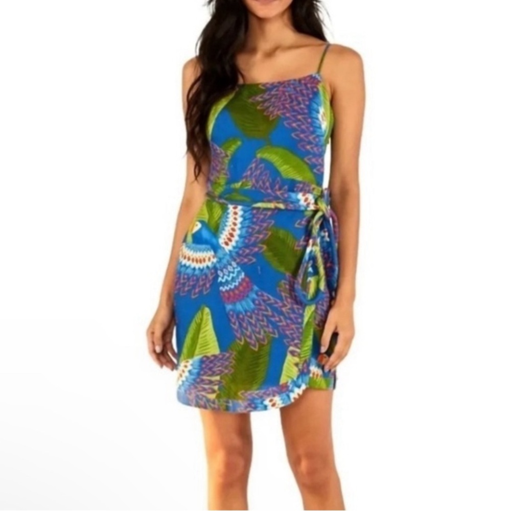 NWT Farm Rio Blue Macaw Mini Wrap Dress Size Medium $175